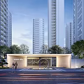 Modern Building Facade of Urban Residential Complex With Minimalist Light-colored Design and Landscaped Entrance Area