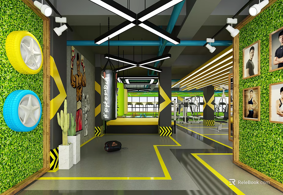Modern Fitness Gym Interior With Green Walls Yellow Tires Exercise Equipment And Yellow Floor Lines 3d model 