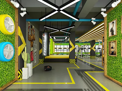 Modern Fitness Gym Interior With Green Walls Yellow Tires Exercise Equipment And Yellow Floor Lines 3d model
