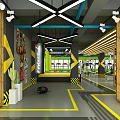 Modern Fitness Gym Interior With Green Walls Yellow Tires Exercise Equipment And Yellow Floor Lines