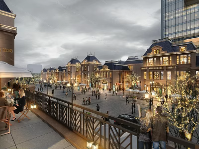 European Style Commercial Street Featuring Illuminated Lights People Walking Building Facades And Outdoor Seating 3d model