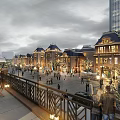 European Style Commercial Street Featuring Illuminated Lights People Walking Building Facades And Outdoor Seating