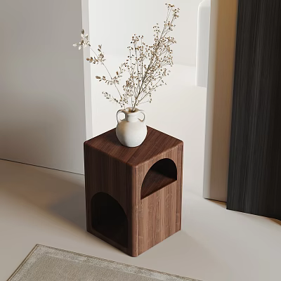Modern Walnut Wood Side Table With White Vase Dried Flowers And Curved Cutout 3d model