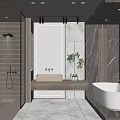 Modern Bathroom Interior With Marble Walls Glass Shower Bathtub And Green Plant