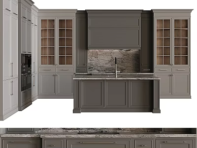 Stylish Gray Kitchen Cabinets In Modern Interior With Glass Door Marble Countertop And Central Island 3d model