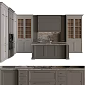 Stylish Gray Kitchen Cabinets In Modern Interior With Glass Door Marble Countertop And Central Island