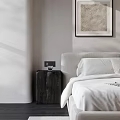Modern Bedroom Interior Design With Beige Bedding Gray Blanket Wall Art And White Curtains