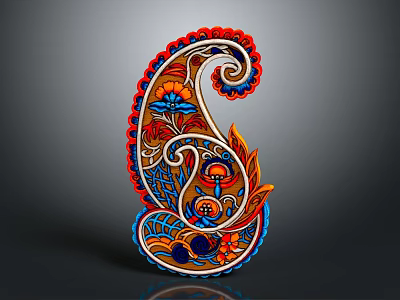 Artistic Vibrant Paisley Pattern With Ornate Flowers And Decorative Green Leaves Design 3d model