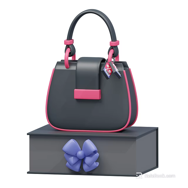 Chic Black Handbag With Pink Accents Placed On Black Box Featuring Purple Bow And Keychain 3d model 