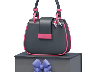 Chic Black Handbag With Pink Accents Placed On Black Box Featuring Purple Bow And Keychain 3d model