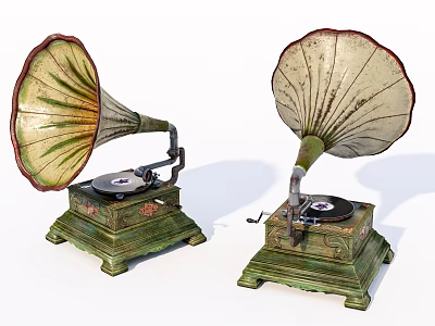 Vintage Gramophone Audio Equipment With Decorative Horns And Green Bases 3d model