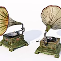 Vintage Gramophone Audio Equipment With Decorative Horns And Green Bases