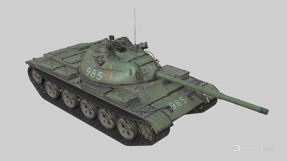 Green Military Tank Number 985 With Five Pointed Star Turret And Gun Barrel 3d model 