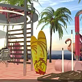Vibrant Summer Better Life Festival Scene With Palm Trees Sun Loungers And Fire Pit