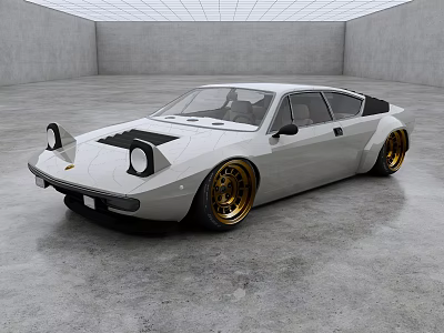 White Sports Car With Gold Wheels Black Hood Sleek Design In Industrial Indoor Space 3d model