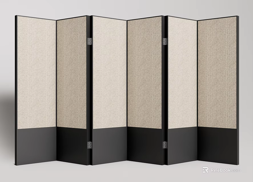Modern Five Panel Folding Screen Black Frame Linen Fabric Room Divider 3d model