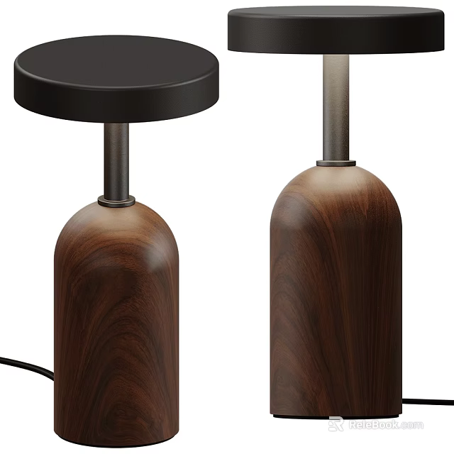 Modern Walnut Wooden Table Lamp With Metal Pole And Round Black Shade 3d model 