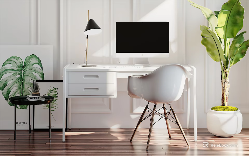Modern White Desk With Black Desk Lamp Computer Monitor White Chair And Green Plant 3d model 