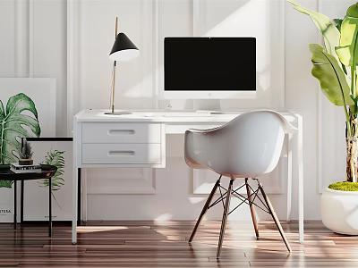 Modern White Desk With Black Desk Lamp Computer Monitor White Chair And Green Plant 3d model