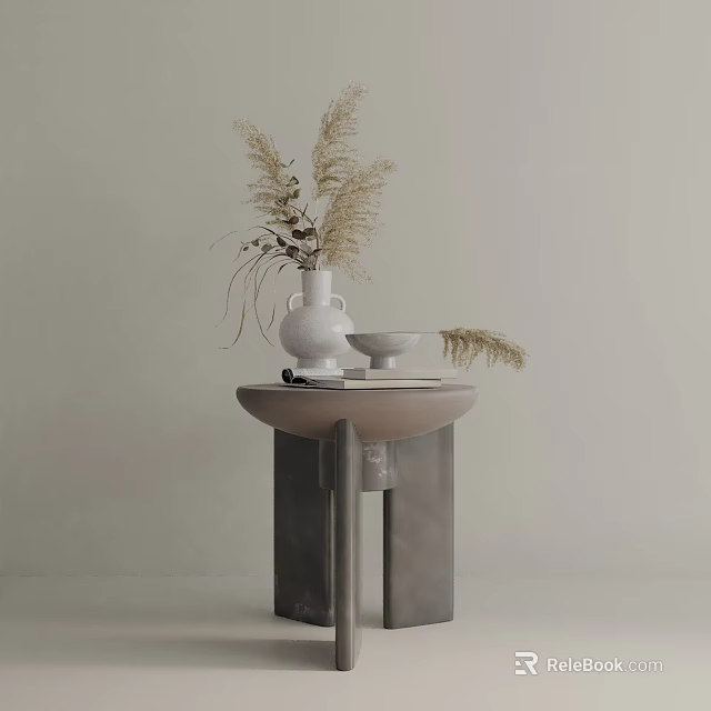 Minimalist Round Top Side Table With White Vase Bowl And Dried Flowers 3d model 