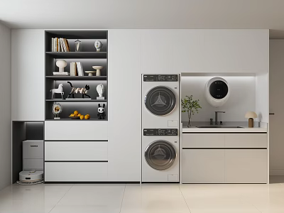 Modern Laundry Room With White Cabinets Washing Machine Dryer And Decorative Shelves 3d model