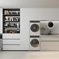 Modern Laundry Room With White Cabinets Washing Machine Dryer And Decorative Shelves