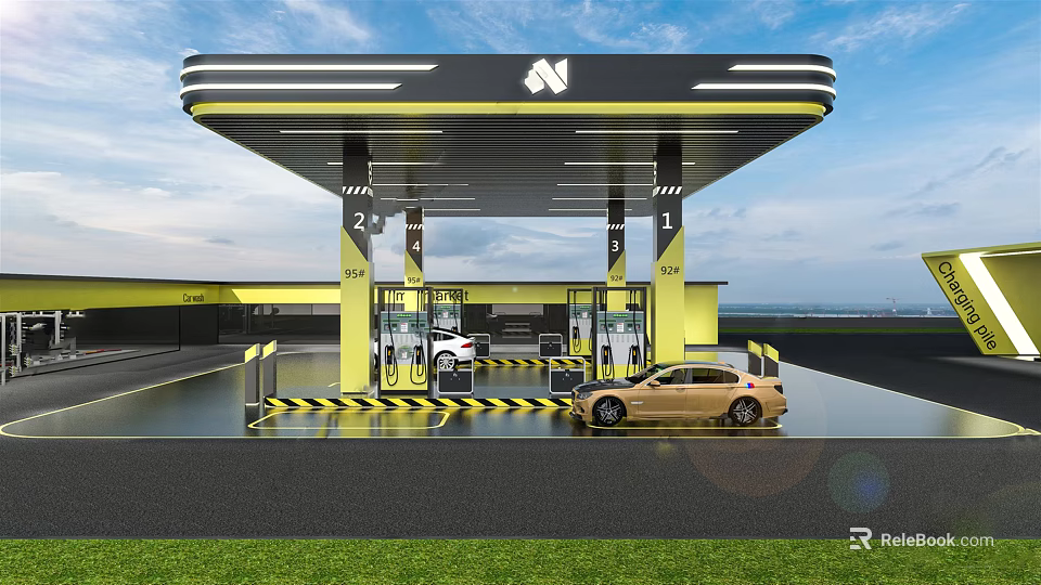 Modern Gas Station Exterior With Yellow Canopy Fuel Pumps And Cars 3d model 