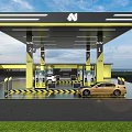 Modern Gas Station Exterior With Yellow Canopy Fuel Pumps And Cars