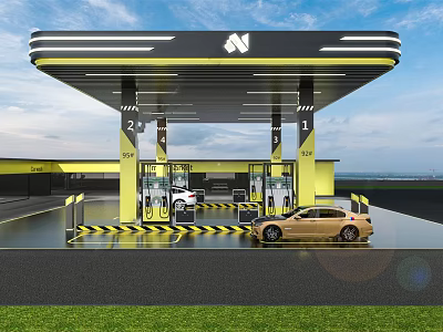 Modern Gas Station Exterior With Yellow Canopy Fuel Pumps And Cars 3d model