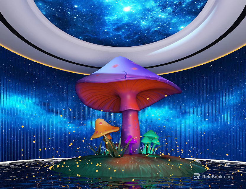 Vibrant Mushroom Shaped Art Installation With Purple Orange Green Hues And Starry Sky Background 3d model 