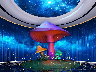 Vibrant Mushroom Shaped Art Installation With Purple Orange Green Hues And Starry Sky Background 3d model