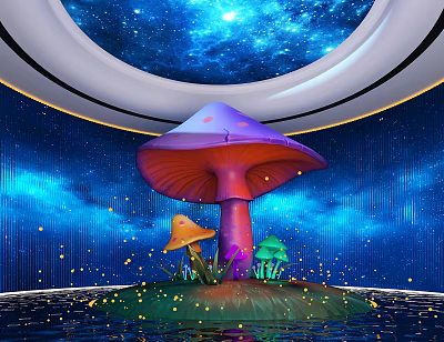 Vibrant Mushroom Shaped Art Installation With Purple Orange Green Hues And Starry Sky Background 3d model