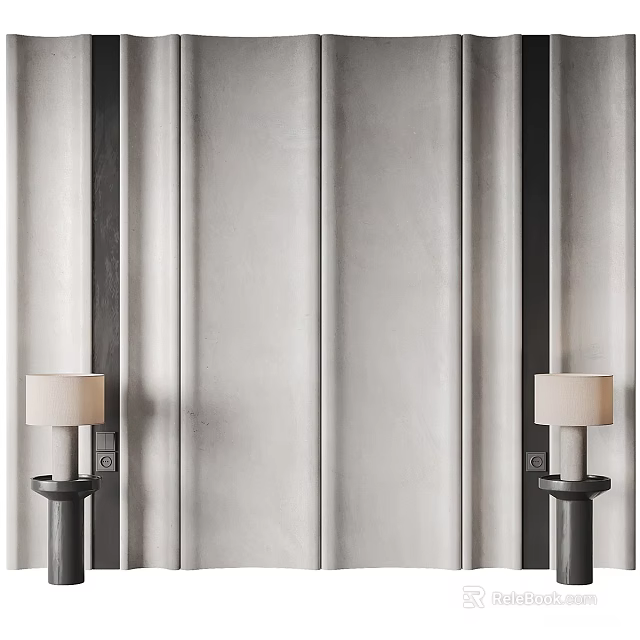 Bedroom Accent Wall With Textured Gray Fabric And Vertical Panel Design With Wall Sconces 3d model 