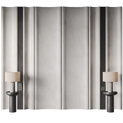 Bedroom Accent Wall With Textured Gray Fabric And Vertical Panel Design With Wall Sconces 3d model