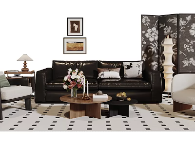 Stylish Black Leather Sofa And Wooden Coffee Table Set With Floral Decor And Geometric Rug 3d model