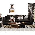 Stylish Black Leather Sofa And Wooden Coffee Table Set With Floral Decor And Geometric Rug