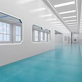 Spacious Factory Interior With Blue Columns Ceiling And Yellow Floor Lines Industrial Machines