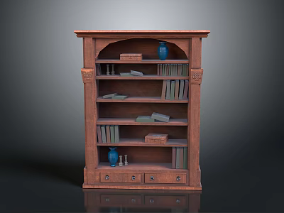 Wooden Bookcase With Multiple Shelves Decorative Elements Blue Vase Books And Drawers 3d model