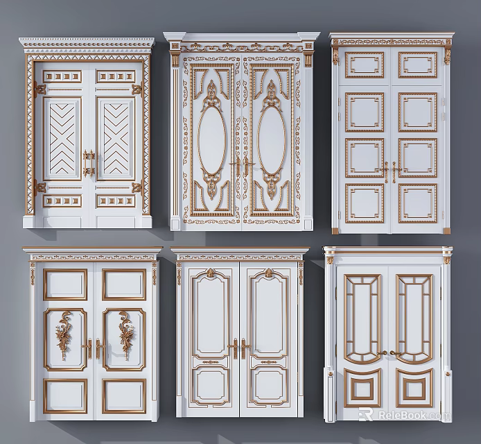 Various Decorative Double Doors With Classic Styles Gold Accents And Panel Details 3d model 