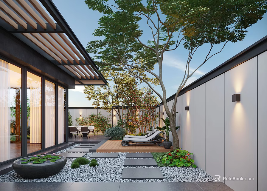 Modern Courtyard Garden Featuring Wooden Roof Structure Green Plants Stone Pathway Pebbles And Lounge Chair 3d model 