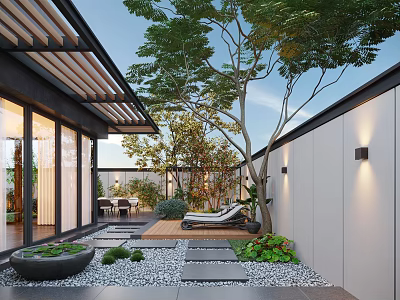 Modern Courtyard Garden Featuring Wooden Roof Structure Green Plants Stone Pathway Pebbles And Lounge Chair 3d model