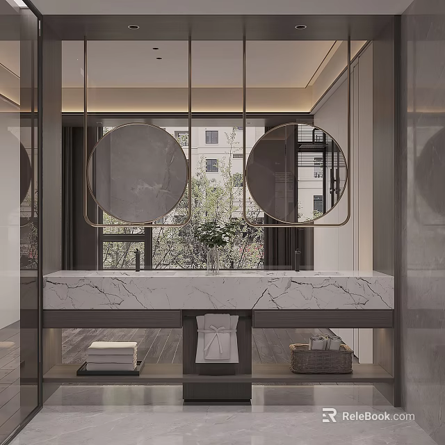 Luxury Modern Bathroom Interior Design With Double Round Mirrors And Elegant Marble Double Sink Vanity 3d model 
