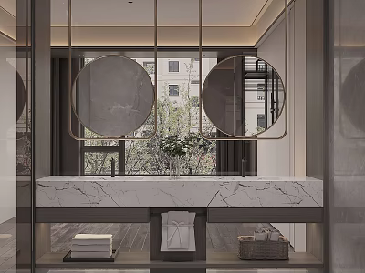 Luxury Modern Bathroom Interior Design With Double Round Mirrors And Elegant Marble Double Sink Vanity 3d model
