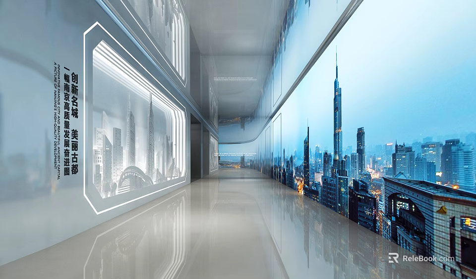 Modern Exhibition Hall With Urban Skyline Backdrops Sleek Lighting And Reflective Flooring 3d model 