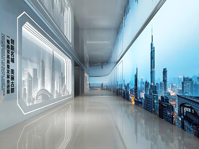 Modern Exhibition Hall With Urban Skyline Backdrops Sleek Lighting And Reflective Flooring 3d model