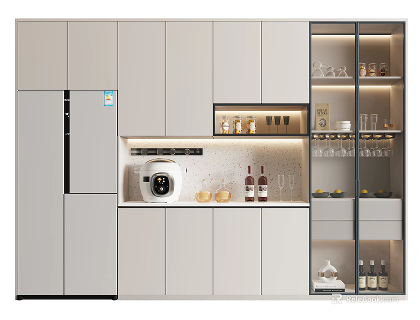 Modern Kitchen Interior Wine Cabinet With Glass Doors Wine Bottles And Lighting 3d model 