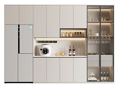 Modern Kitchen Interior Wine Cabinet With Glass Doors Wine Bottles And Lighting 3d model
