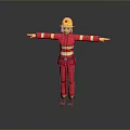 Game and movie character in red firefighter uniform with yellow helmet red star outstretched arms