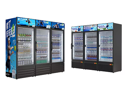 Commercial Display Refrigerators With Multiple Doors Filled With Beverages And Advertising Stickers 3d model