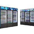 Commercial Display Refrigerators With Multiple Doors Filled With Beverages And Advertising Stickers